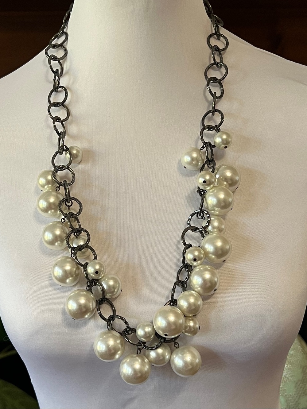 Elegant Pearl Cluster Necklace - White Pearls on Black Chain